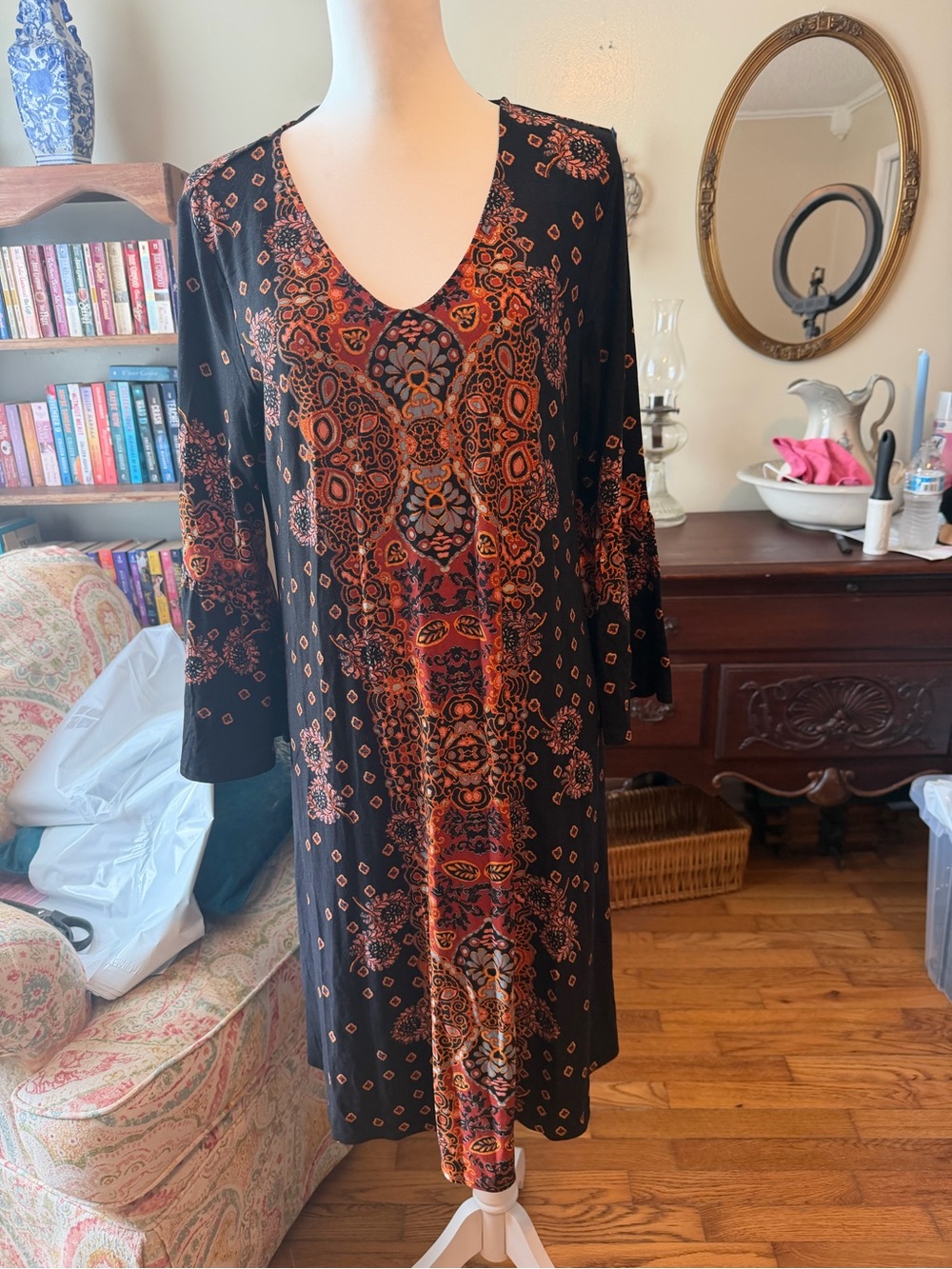 new directions Black Long Sleeve V-Neck Midi Dress with Rust Paisley